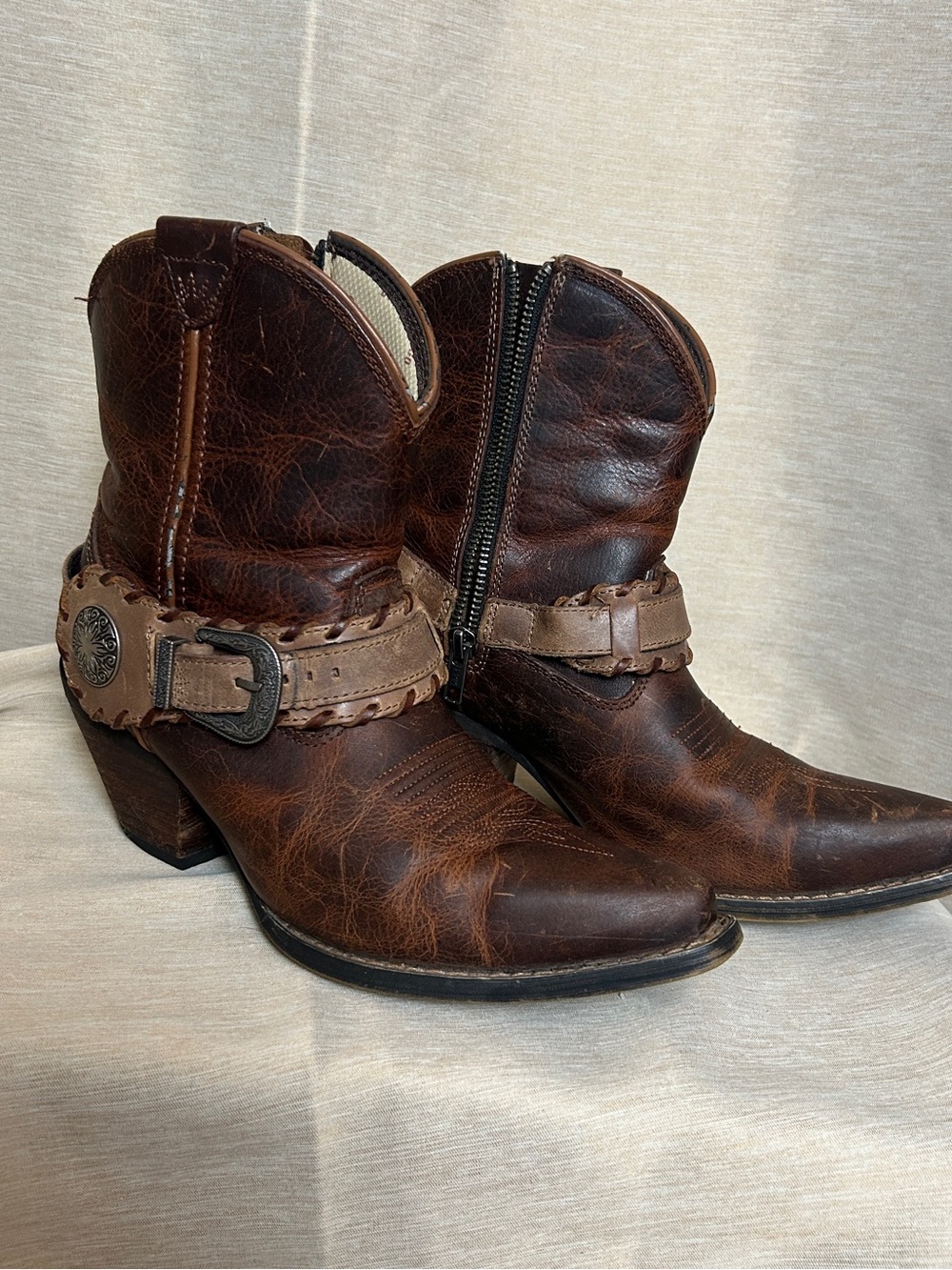 Durango Distressed Brown Leather Western Ankle Boots with Buckle Strap 6.5